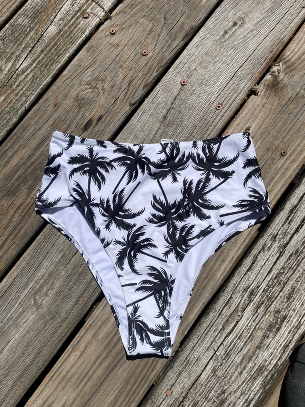 High Waist Palm Print Bikini Bottoms - Black on White